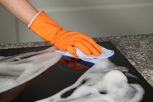 Commercial cleaning team maintaining a bright office lobby