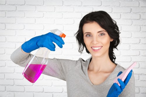 Bathroom deep cleaning with scrub brush and sanitizer